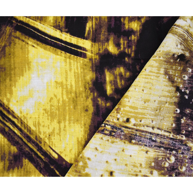 Yellow-Brown-Multi Abstract Art Printed Linen Woven Fabric