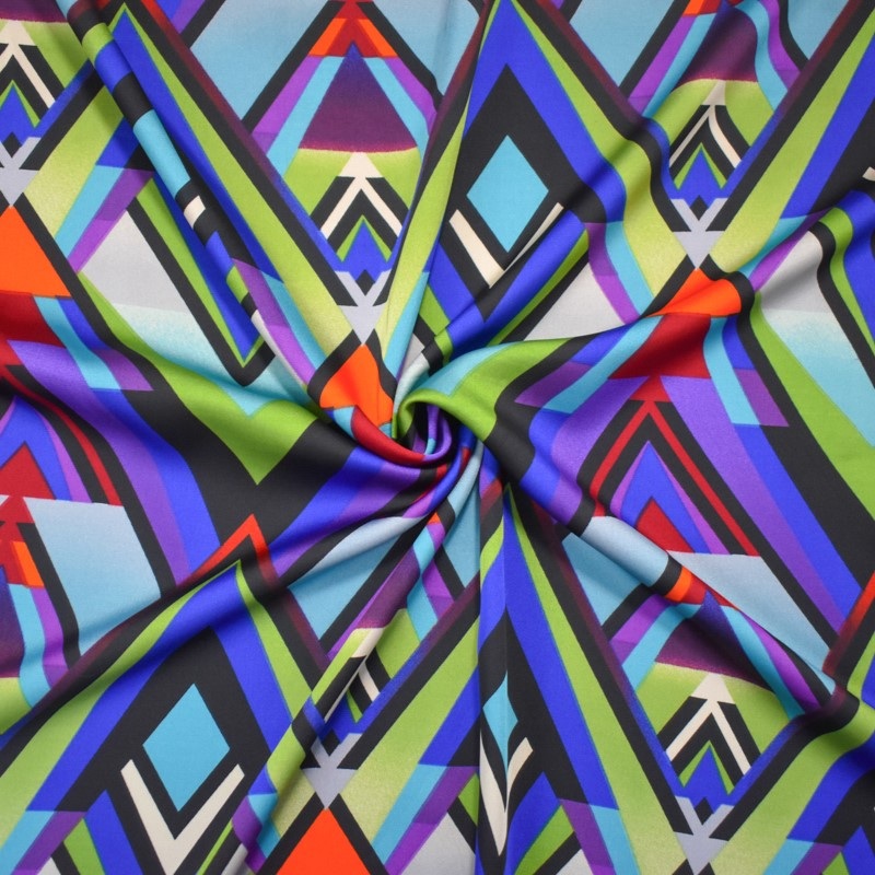 1 YD PC-Blue-Black-Multi Poly Abstract Printed Charmeuse Satin Woven Fabric