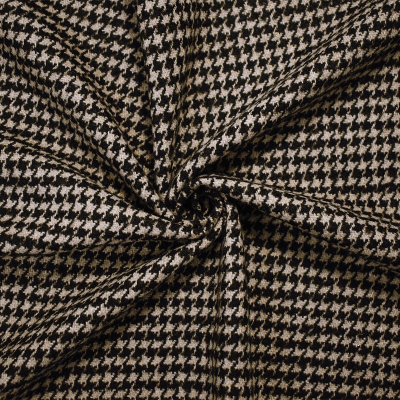 Beige-Black Poly-Rayon Houndstooth Woven Jacketing Fabric