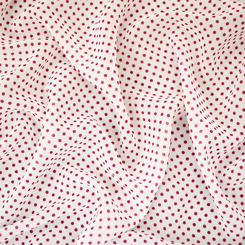 White-Red Polka Dots Printed Poly Chiffon Woven Fabric