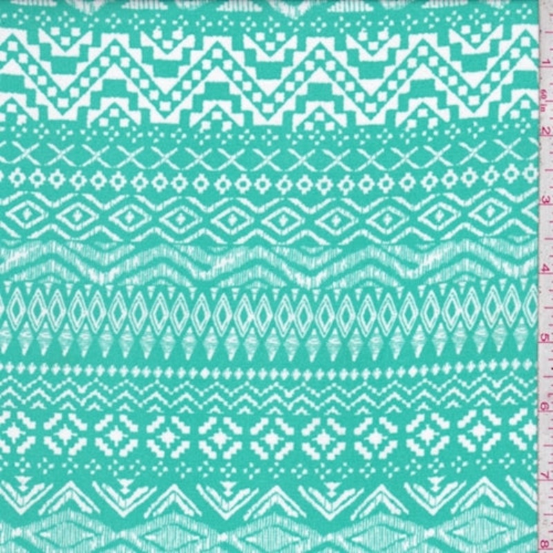 1 1/2 YD PC-Aqua Green/White Tribal Stripe Challis Fabric