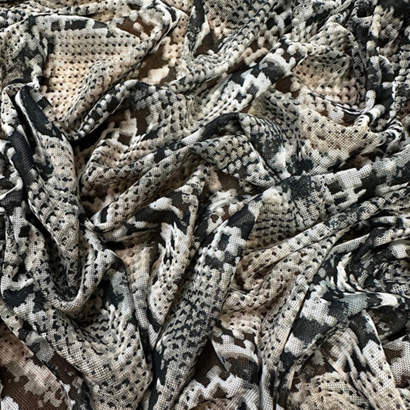 Beige Multi Snakeskin Print Stretch Mesh Fabric