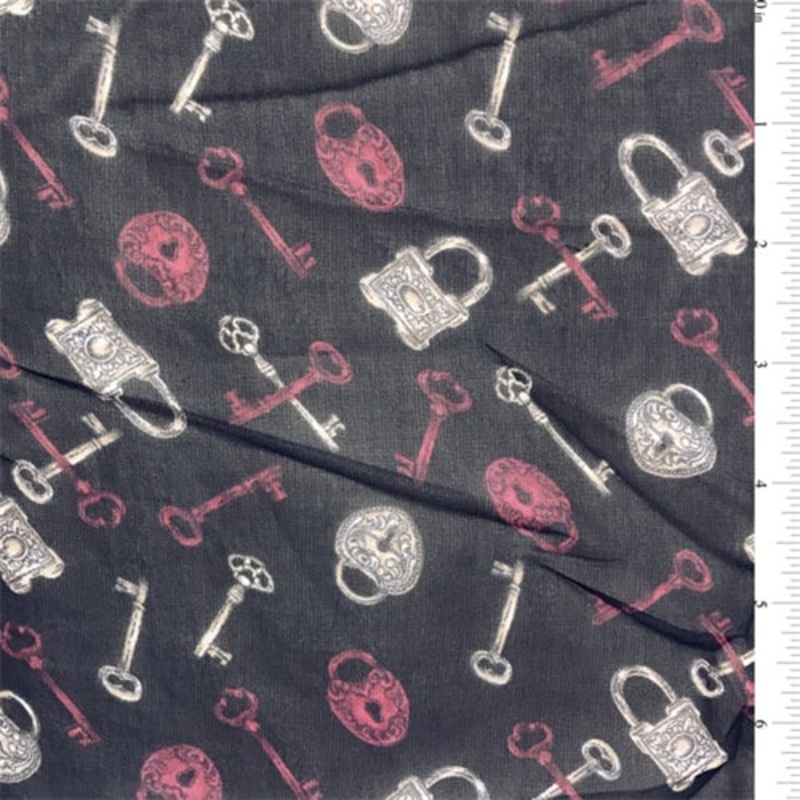 1 3/8 YD PC-Navy/Fuchsia/White Lock & Key Matte Jersey Chiffon Fabric