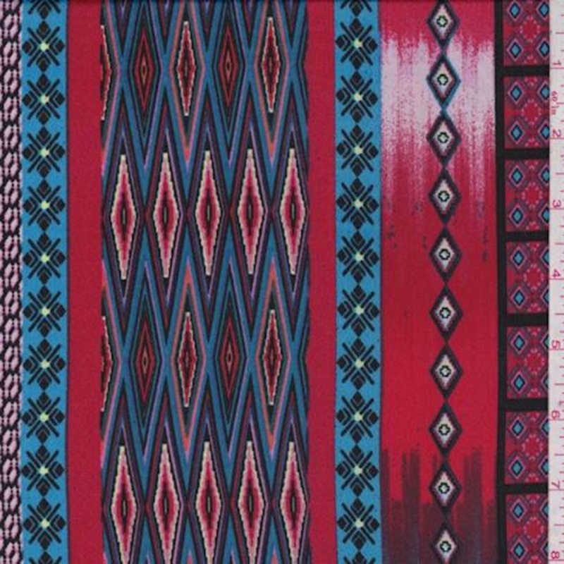 1 YD PC-Red/Teal Geo Stripe Crepe De Chine Fabric