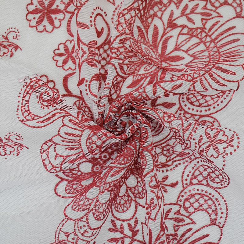 White-Red Nylon Floral Border Printed Mesh Tulle Knit Fabric