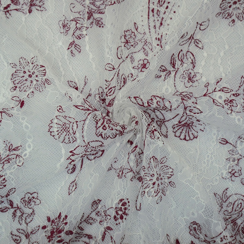 White-Red Nylon Floral Paisley Printed Lace Mesh Knit Fabric