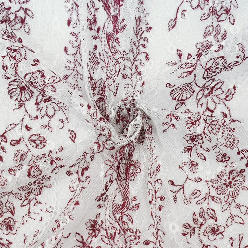 White-Red Nylon Floral Paisley Vine Printed Lace Mesh Knit Fabric