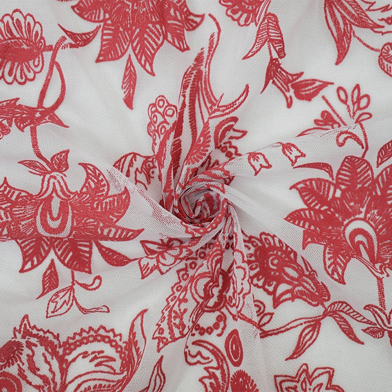 White-Red Nylon Floral Printed Mesh Tulle Knit Fabric