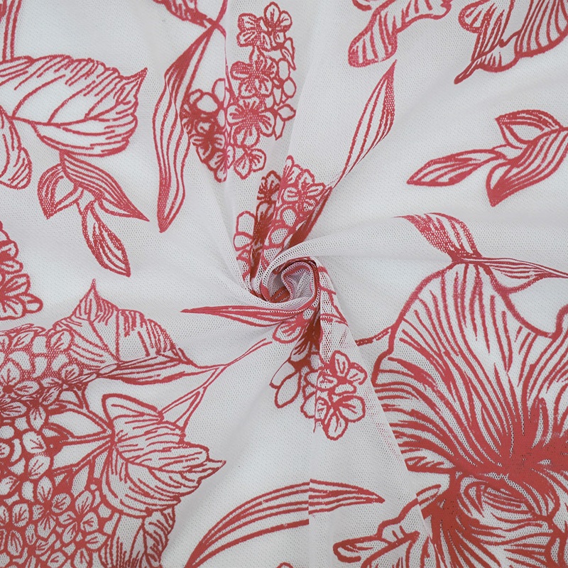 White-Red Nylon Floral Printed Tulle Mesh Knit Fabric