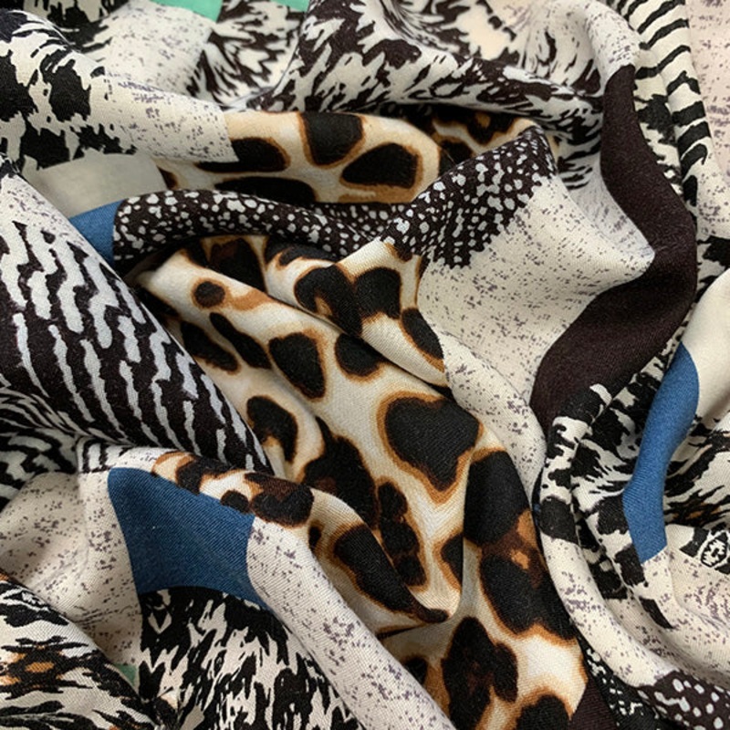 Aqua and Blue Patchwork Print Rayon Challis Fabric