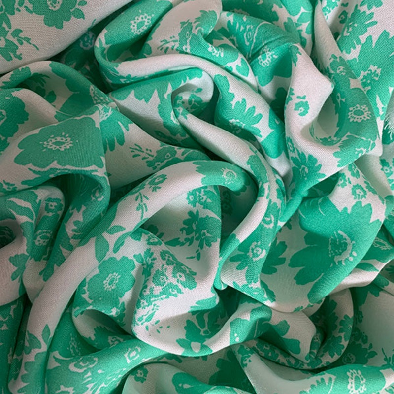 Aqua and White Daisy Print Rayon Challis Fabric