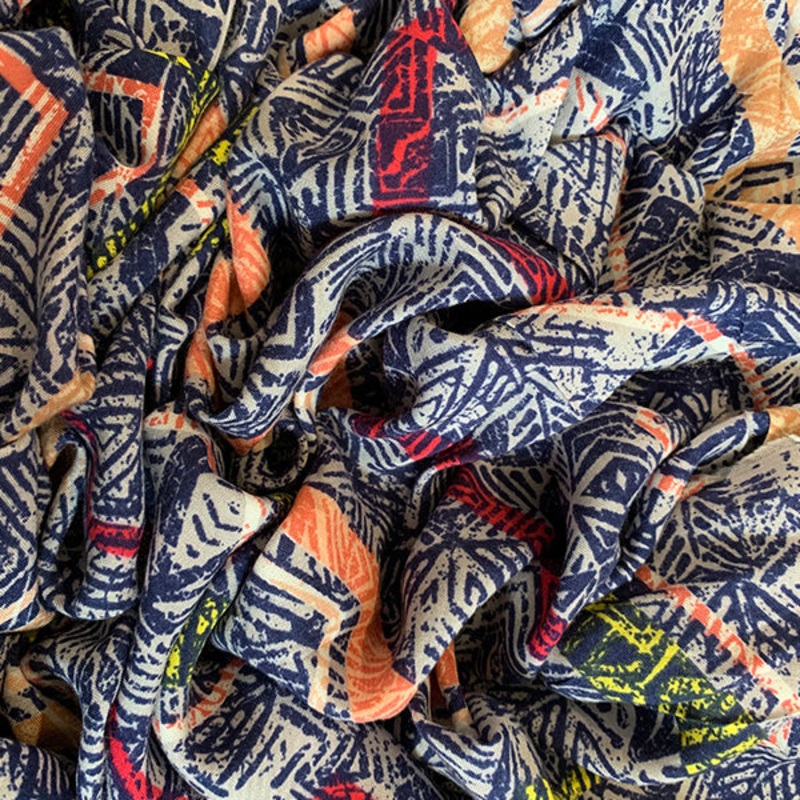 Beige and Navy Aztec Multi Print Rayon Challis Fabric