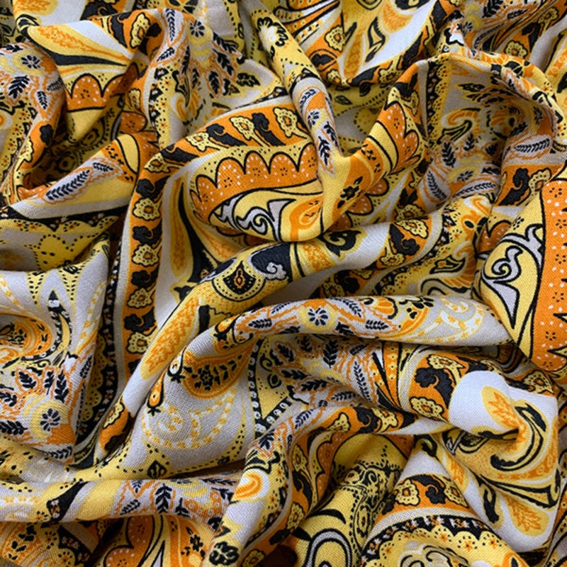 Beige Multi Paisley Print Rayon Challis Fabric