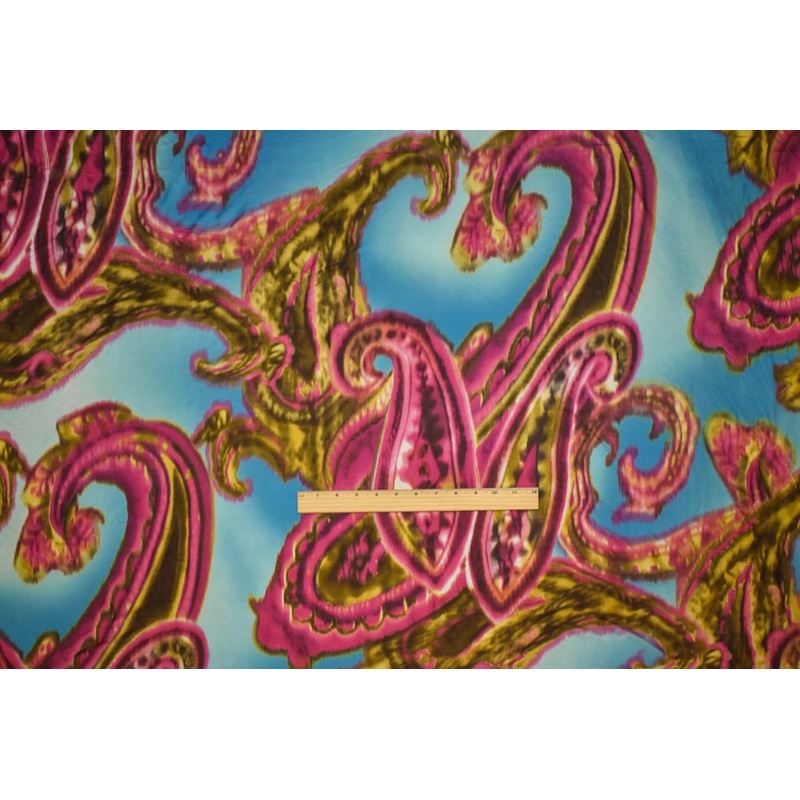 Aqua Blue-Pink-Multi Paisley Printed Stretch Silk Jersey Knit Fabric