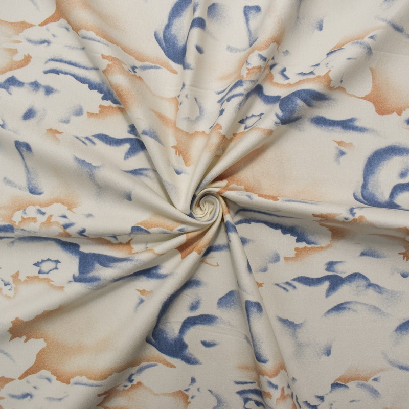 Beige-Multi Cotton Abstract Print Stretch Spandex Twill Sateen Woven Fabric