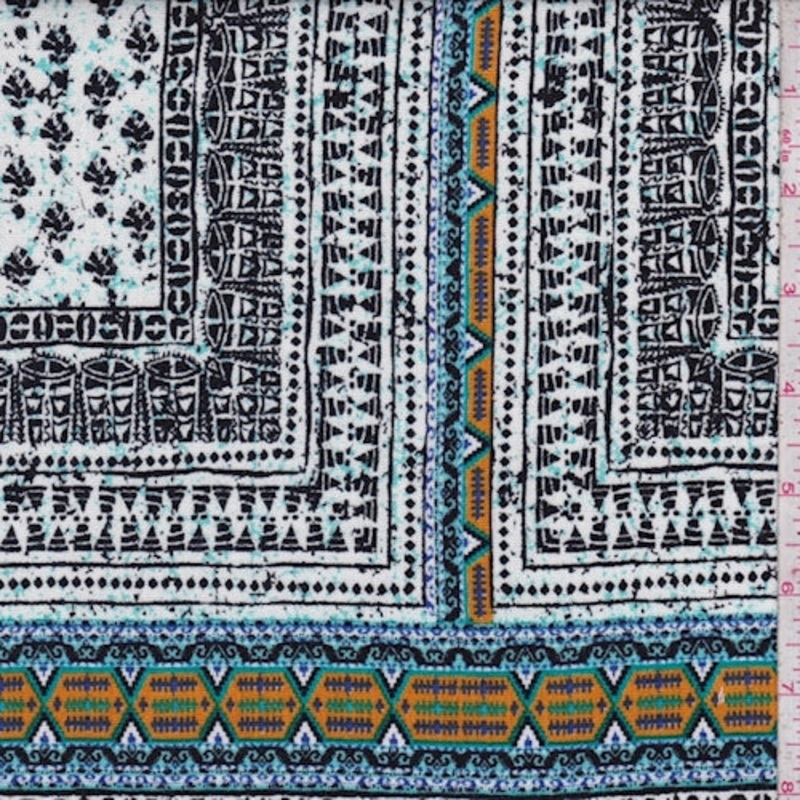 1 1/2 YD PC-White/Black/Gold Multi Tribal Tile Crinkled Gauze Fabric