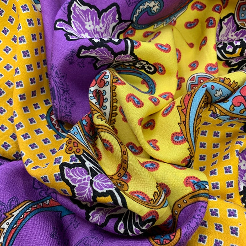 1 YD PC-Yellow and Purple Multi Print Rayon Challis Fabric