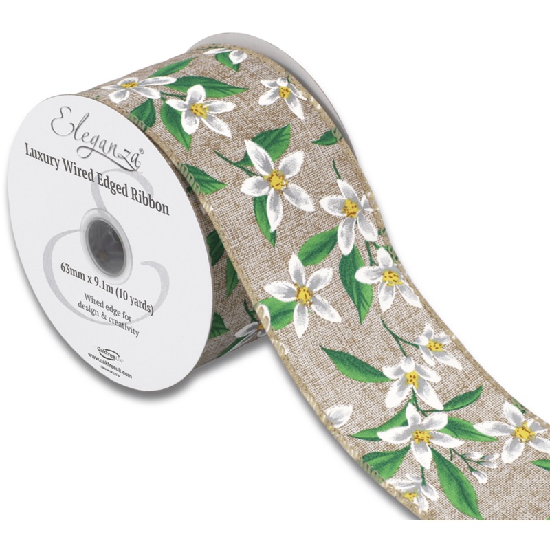 Natural Wired Edge Ribbon – Floral Pattern Green