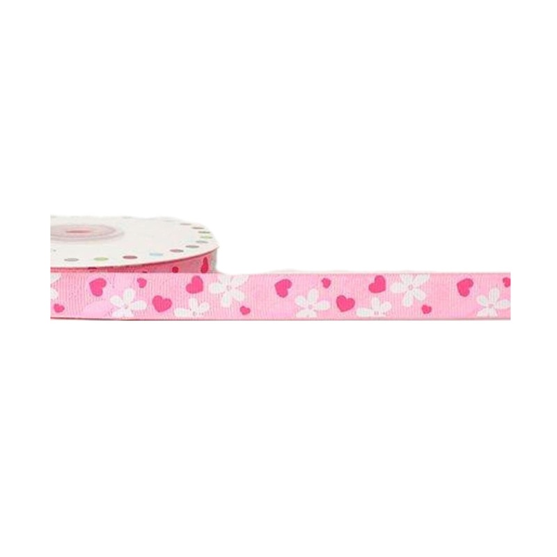 Pink Flowers And Hearts Grosgrain Ribbon Pink