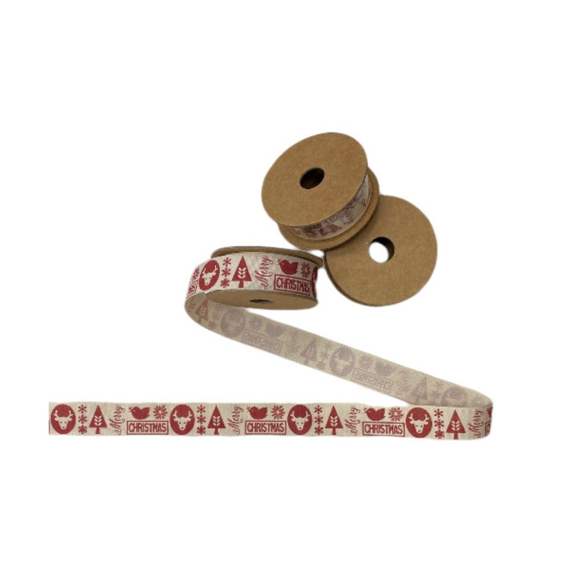 Ribbon REEL – 3m x 25mm (Christmas Motif Cypress) Oatmeal
