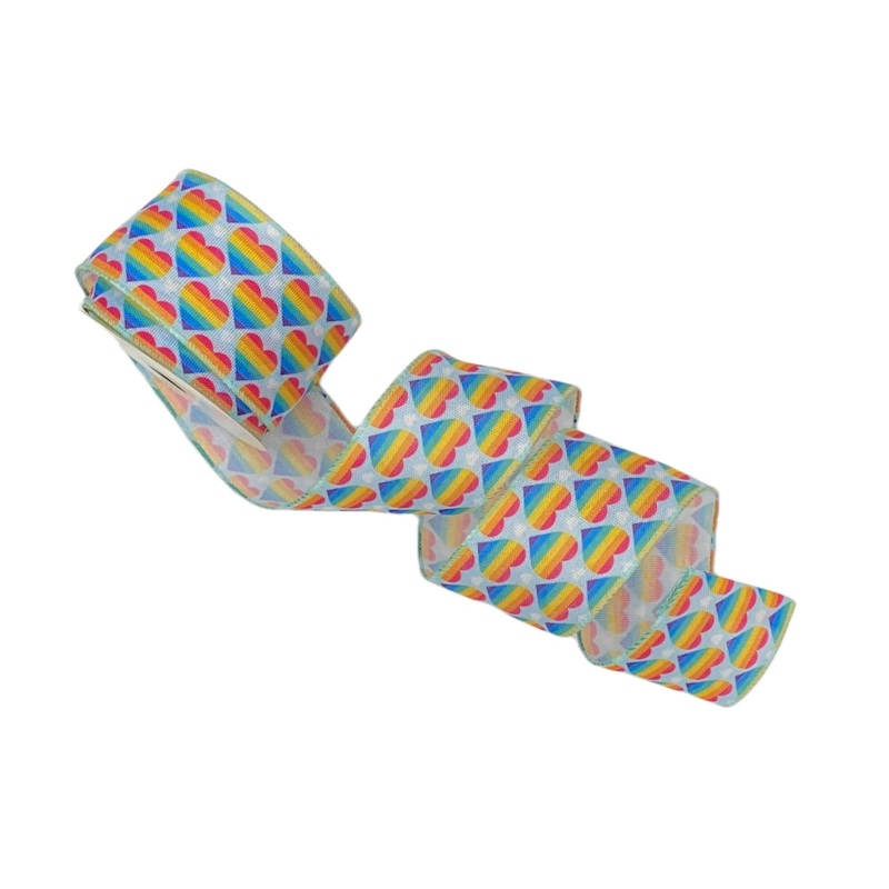 Wired Edge Multi Rainbow Hearts Ribbon Pale Blue