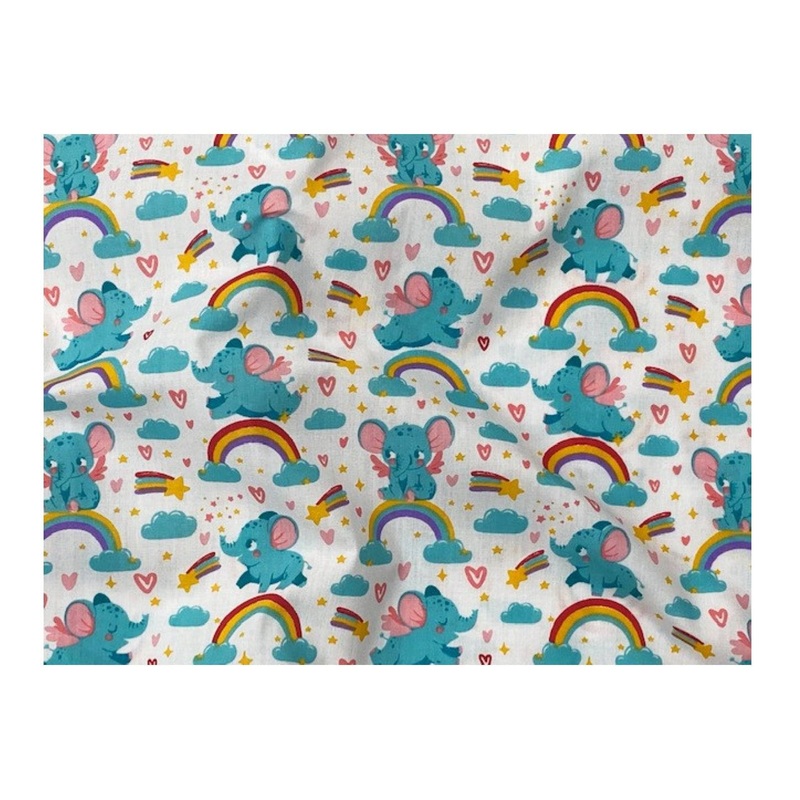 Baby Elephant & Rainbow – Poly/Cotton Print White/Multi