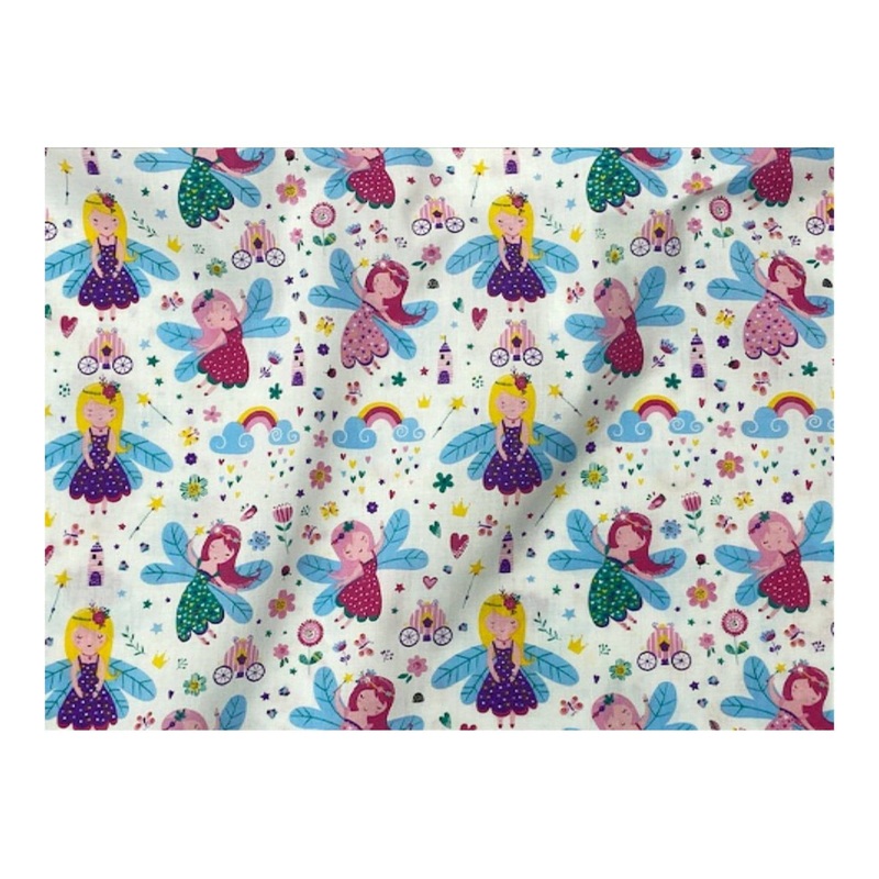 Colourful Fairies – Poly/Cotton Print White/Multi