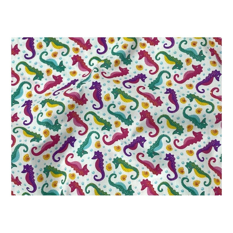 Colourful Seahorses  – Poly/Cotton Print White/Multi