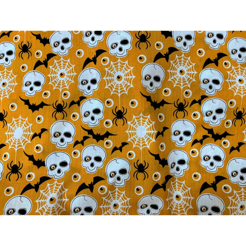 Creepy Crawlies Skulls And Cobwebs – Halloween Poly/Cotton Print Orange