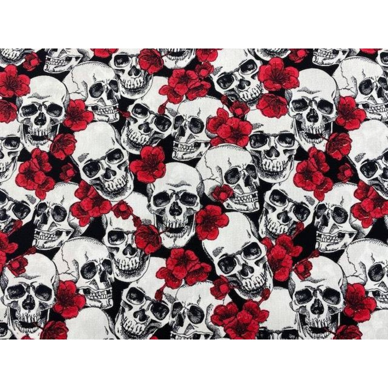 Halloween Skulls And Red Floral Party – Cotton Poplin Patchwork Black/White/Red