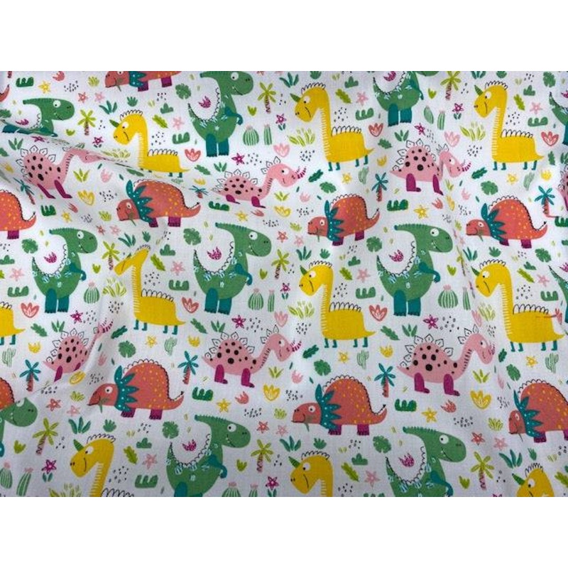 Nursery Dinosaurs – Poly/Cotton Print White/Multi