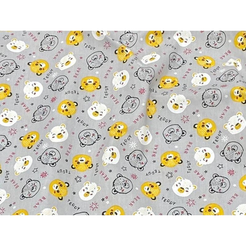 Grey Teddy Bear  – Poly/Cotton Print Grey