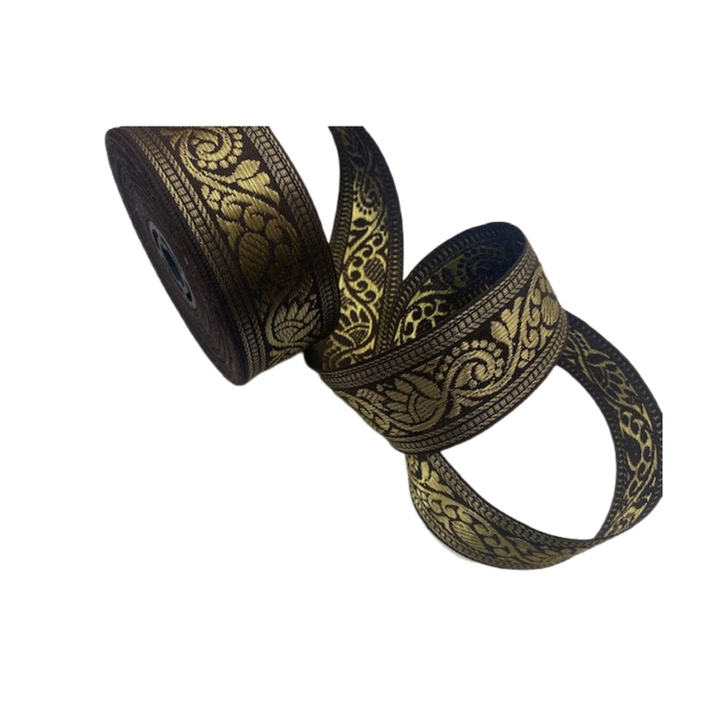 Metallic Woven 35mm Wide Ribbon Trim – Brown Swirl Brown