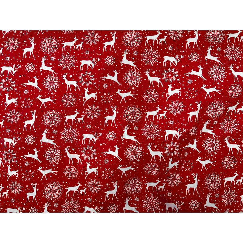 Christmas Reindeers And Snowflakes  – Poly/Cotton Print Red