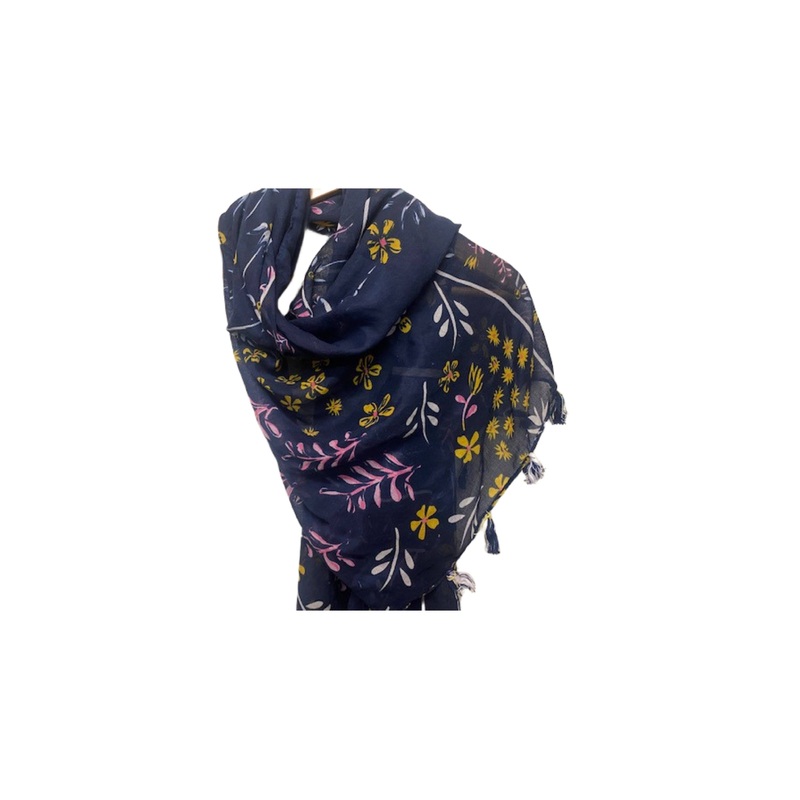 Navy Floral – Printed Poly Cotton Blend Scarf – (PRINT DEFECT)