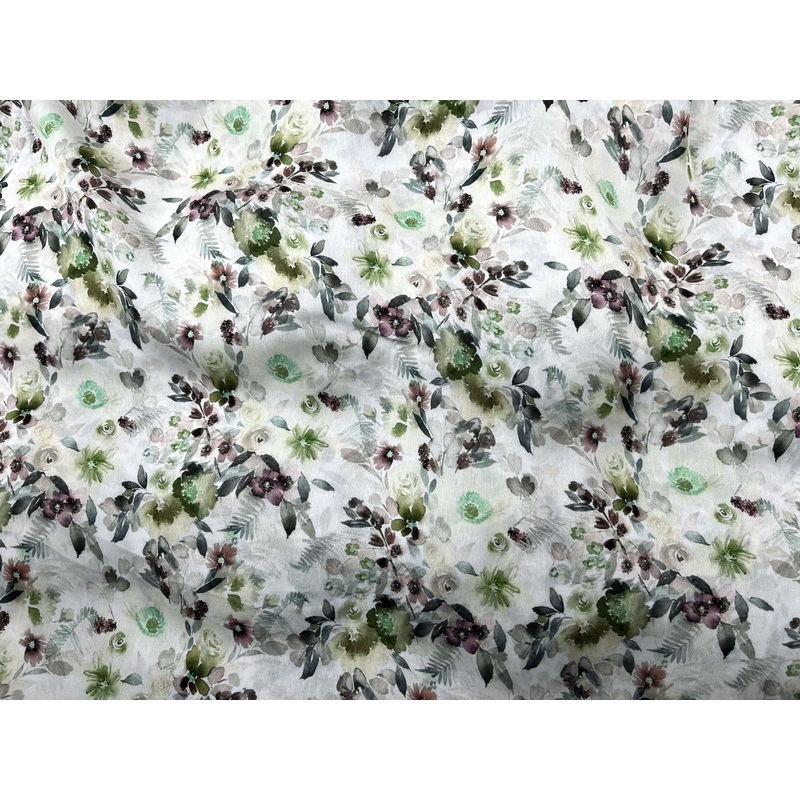 Gorgeous Floral – Printed Silky Satin Fabric Ivory/Green