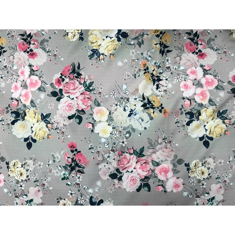 Grey Floral – Printed Peachskin Fabric Grey