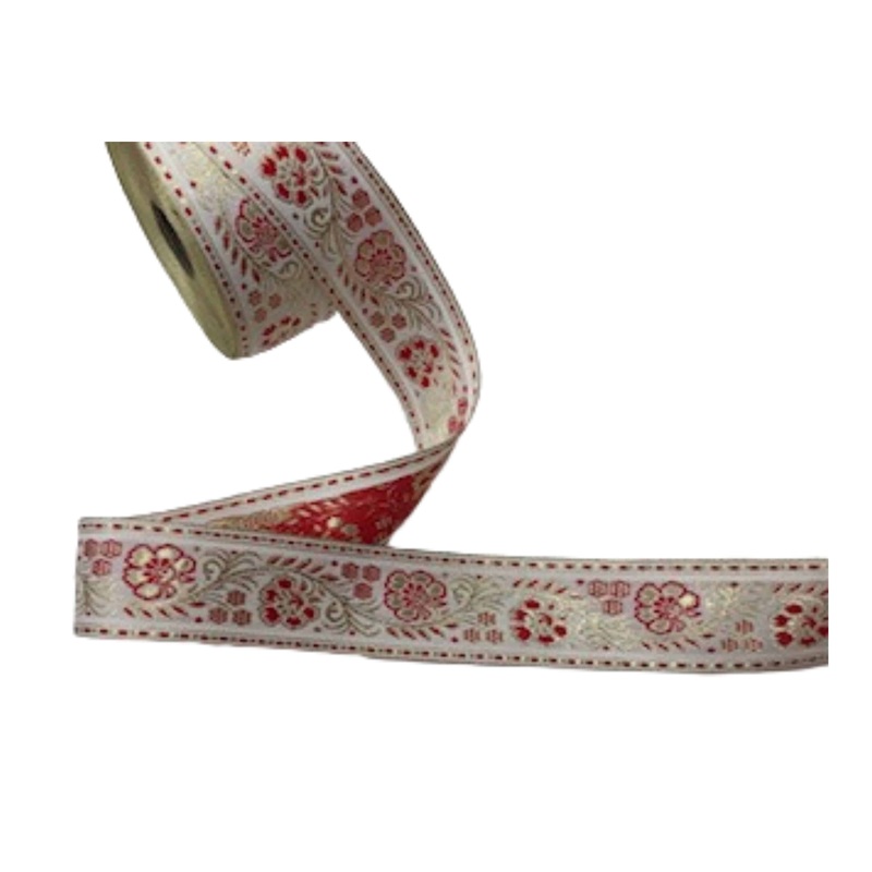Metallic Jacquard Ribbon – Design 43 (35mm Width) Ivory/Red