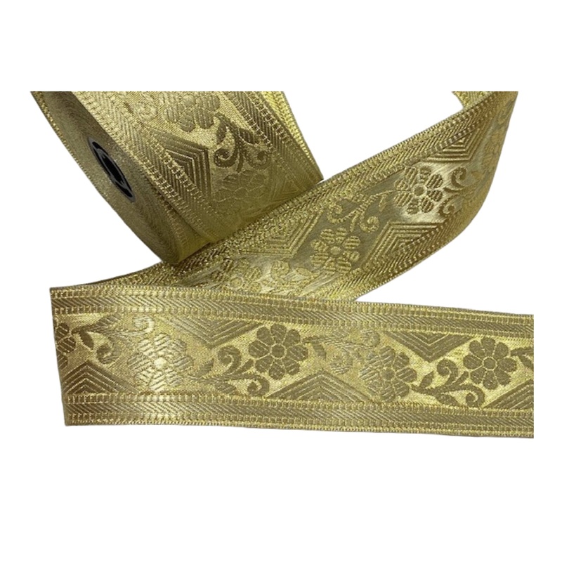 Metallic Jacquard Wide Ribbon – Floral Chevron (50mm Width) Gold
