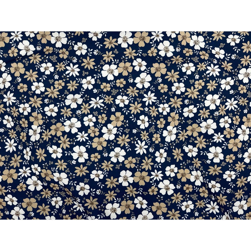 Navy Beige Floral – Printed Peachskin Fabric Navy/Beige
