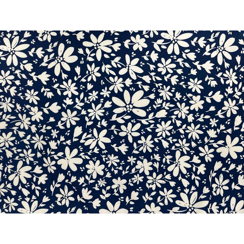 Navy White Floral – Printed Peachskin Fabric Navy/White