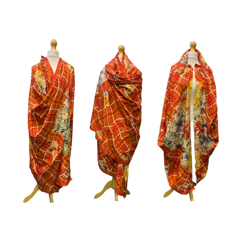 Red & Orange Printed Cotton Mix Large Scarf/Wrap With A Bordered Design