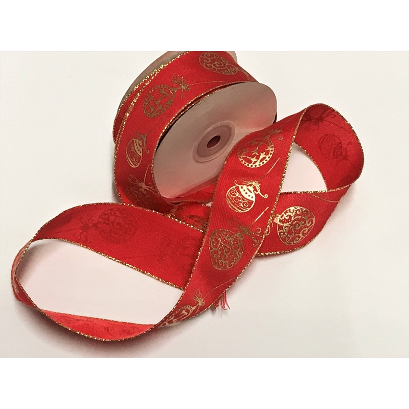 Wired Edge Baubles Ribbon Red