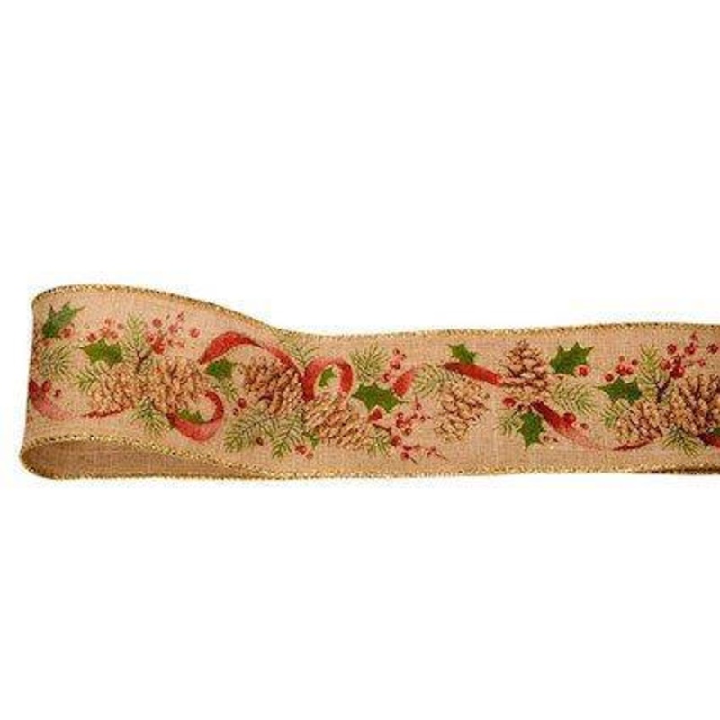 Wired Edge Christmas Pine Cone Ribbon Natural