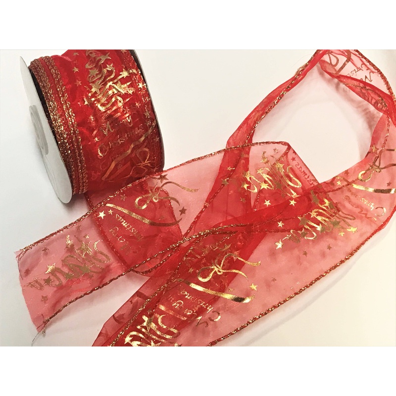 Wired Edge Merry Christmas Ribbon Red