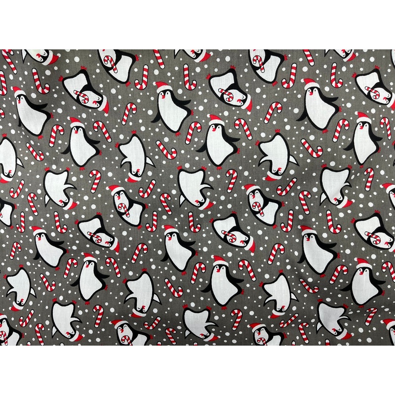 Christmas Penguins – Poly/Cotton Print Grey