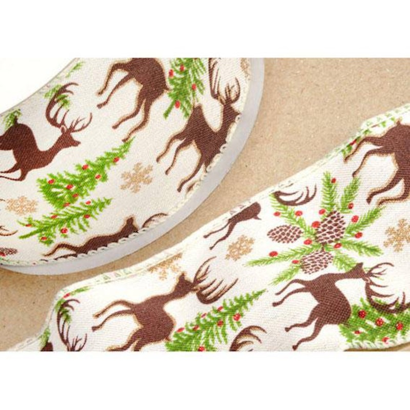 Ivory Stag Christmas Print Ribbon Ivory