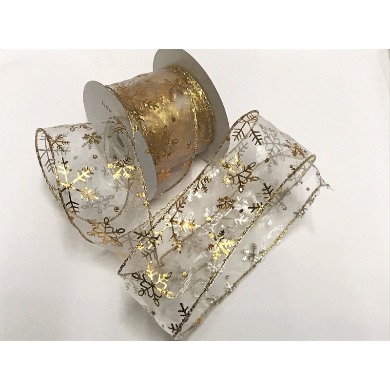 Wired Edge Gold Foil Snowflakes Ribbon White/Gold