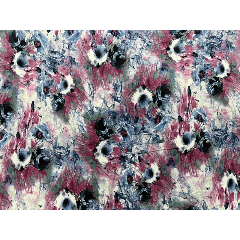 Clearance Printed Crepe Fabric – Floral Haze Blue/Cherry