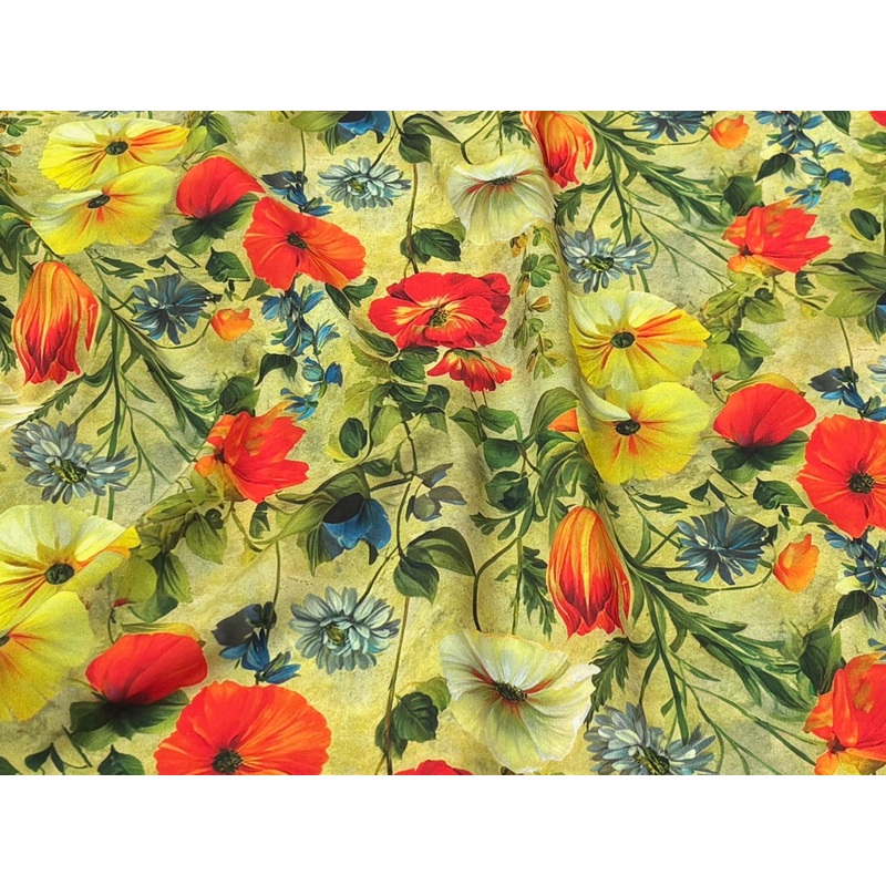 Melia – Printed Peachskin Fabric Green/Paprika